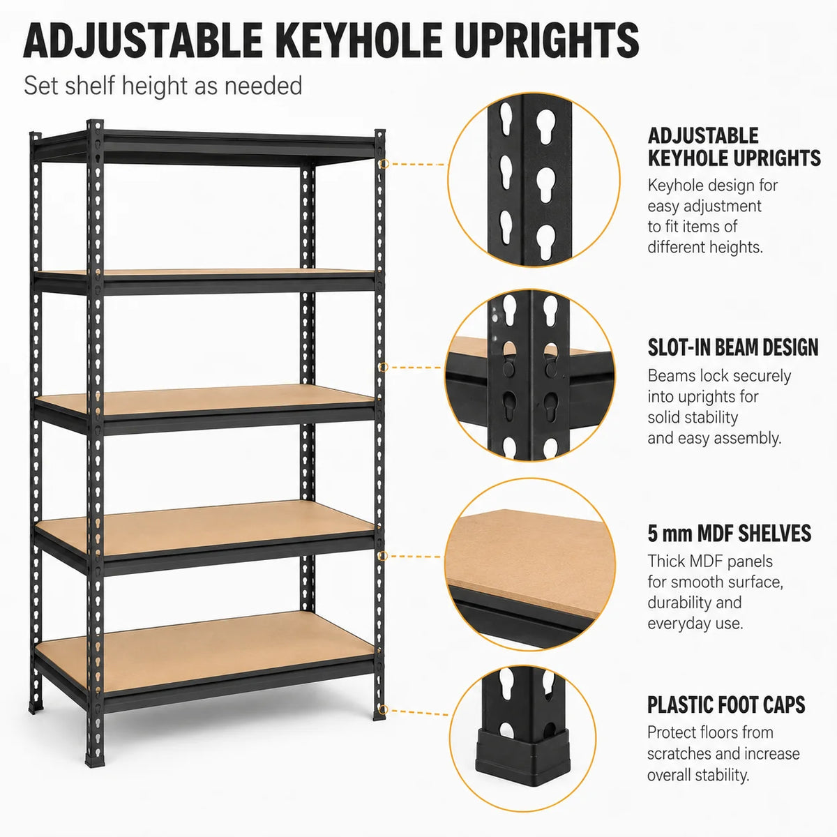 Five Tier Adjustable Metal Storage Rack With Wood Shelves