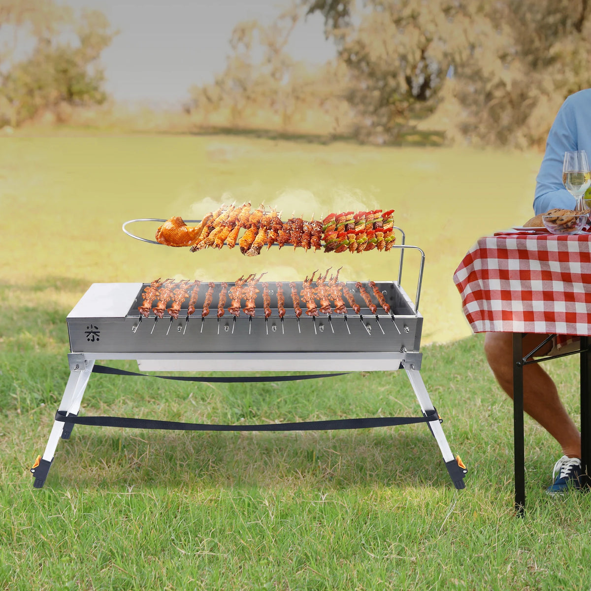 Automatic Rotating Stainless Steel Charcoal Grill for Camping and Picnics