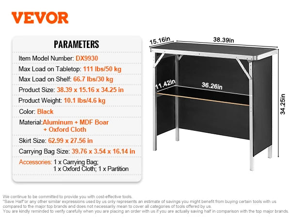 SucceBuy Folding Portable Bar Table with Carrying Case and Shelf