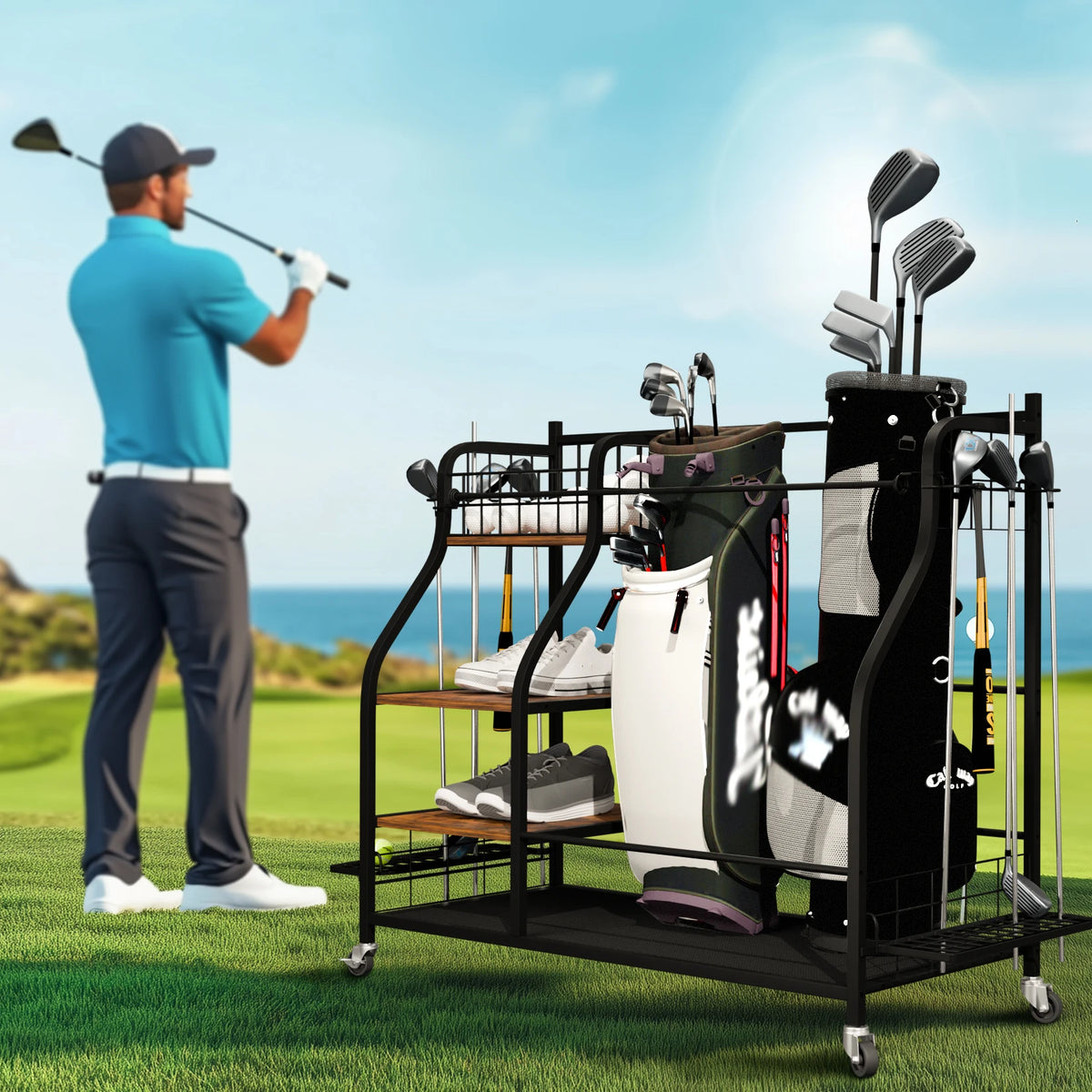 Rolling Golf Bag Storage Rack With Wheels And Shelves