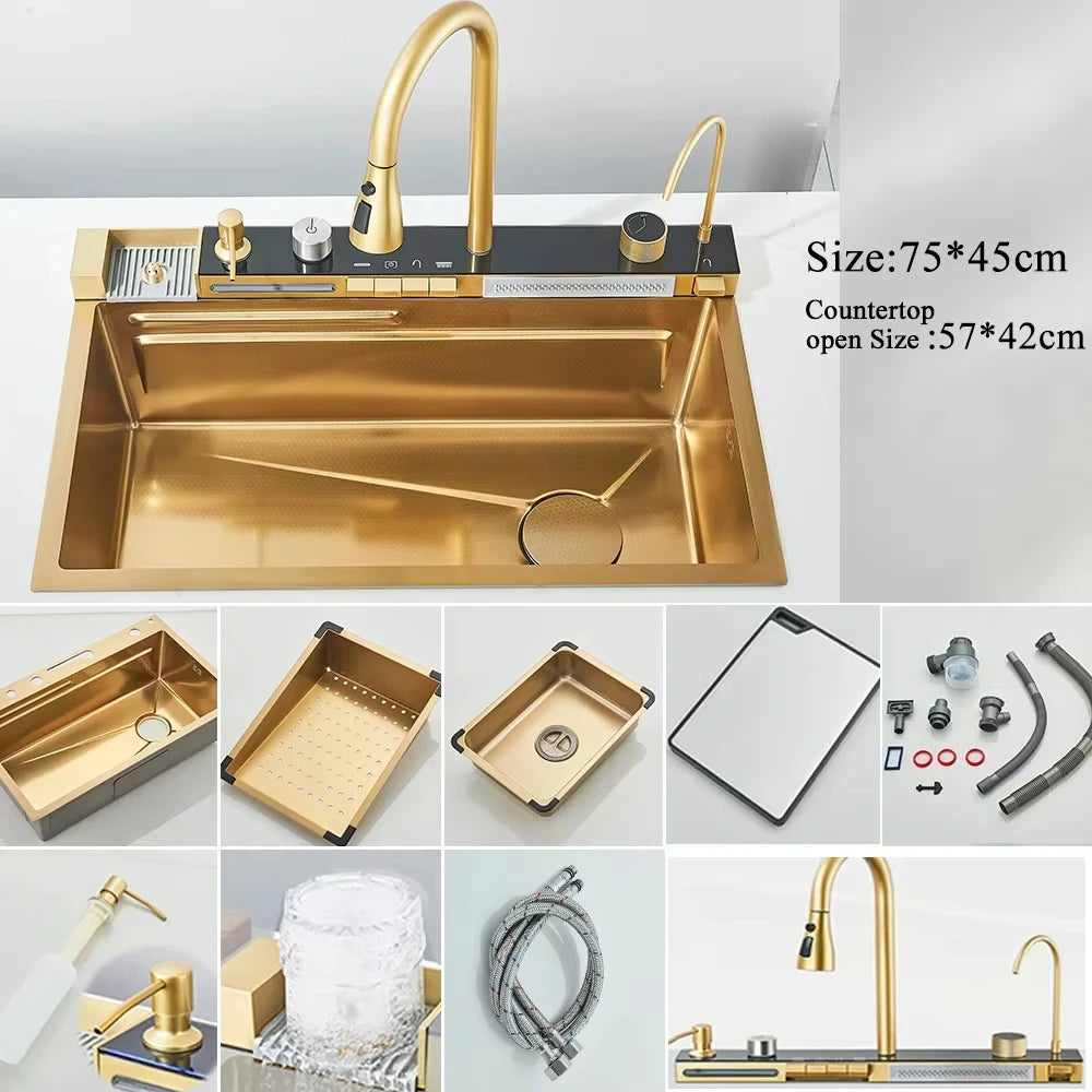 MYQualife 304 Stainless Steel Waterfall Sink With Digital Faucet Set