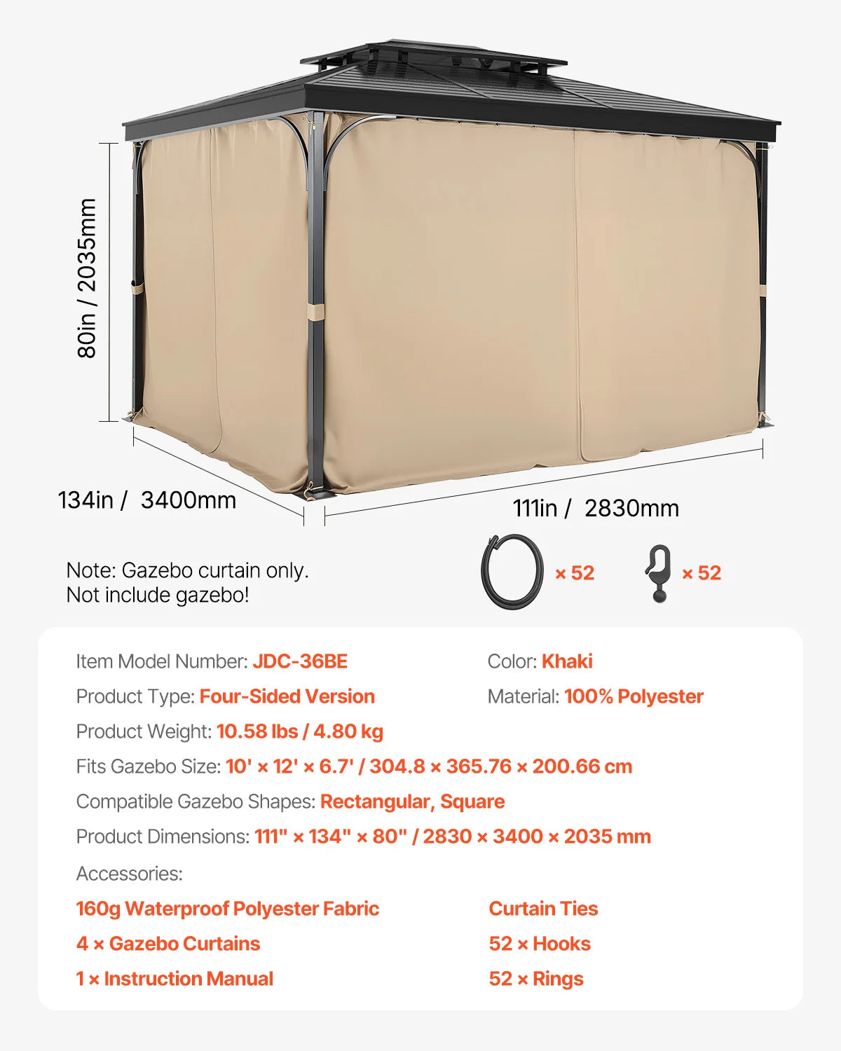 VEVOR Gazebo Privacy Curtains With Zippered Four Panel Sidewalls