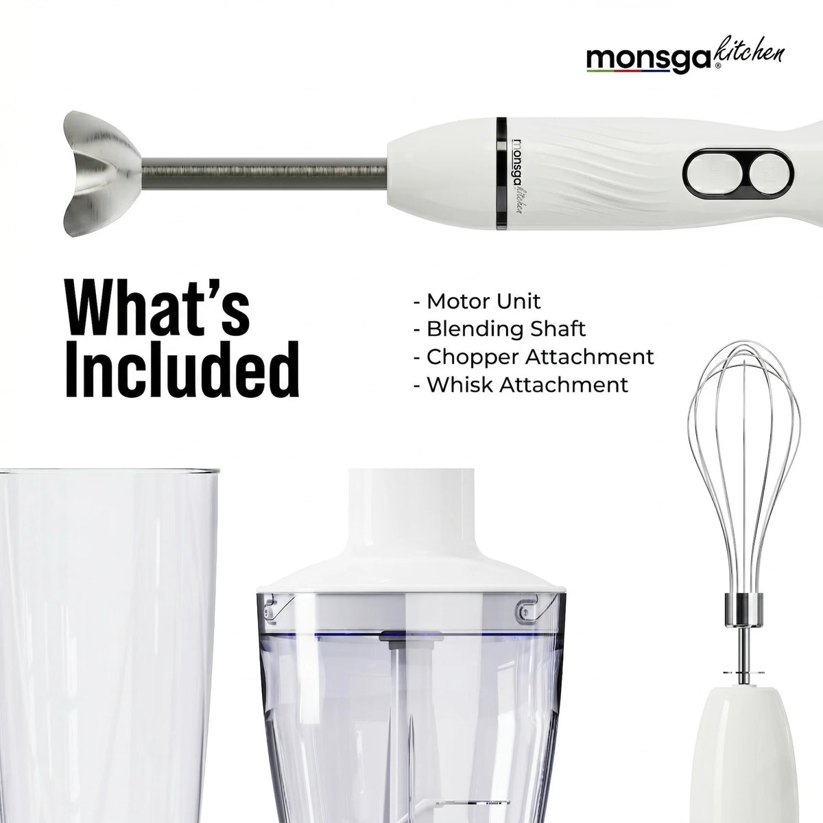 Monsga Electric Hand Immersion Blender Mixer With Whisk Attachment