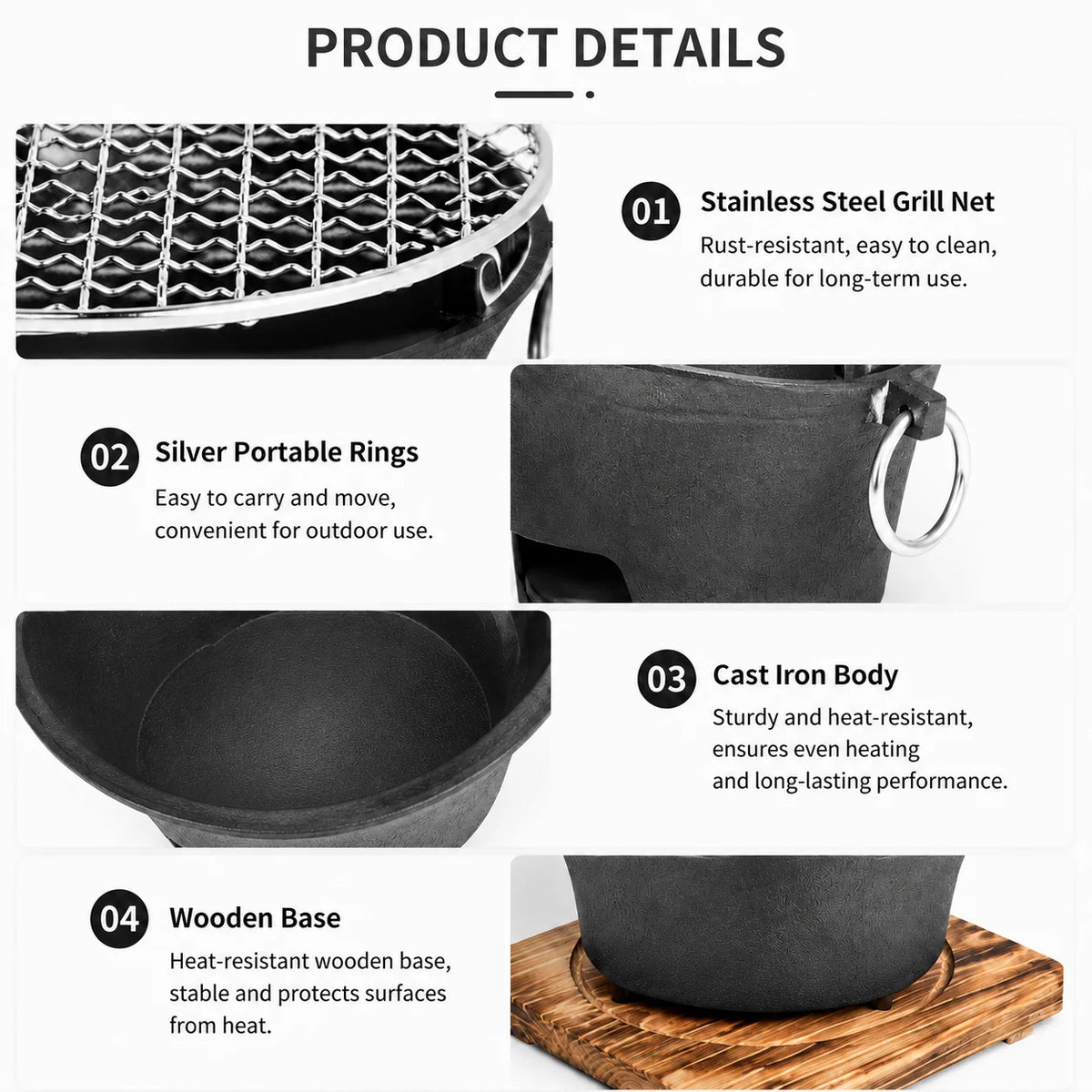 Zoe Portable Charcoal Tabletop Grill With Cast Iron Body