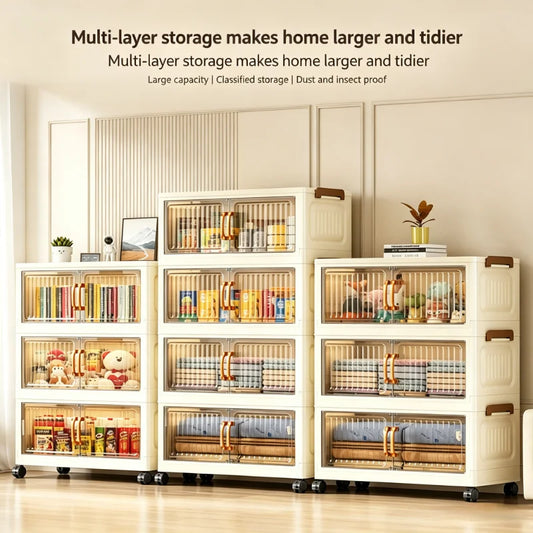 Foldable Stackable Plastic Storage Cabinet With Magnetic Transparent Doors