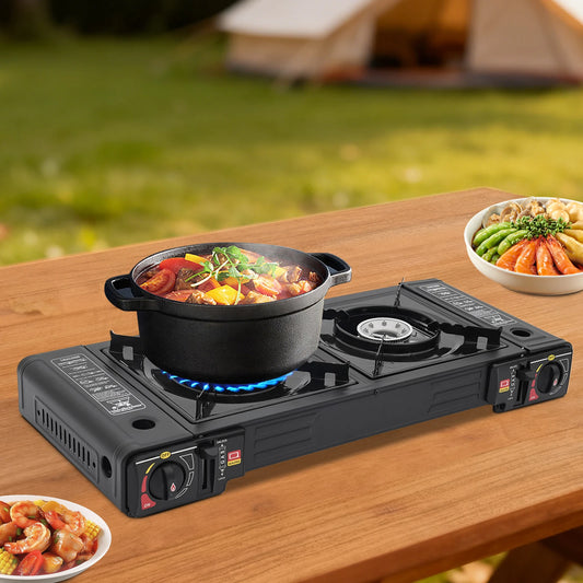 Portable Gas Camping Stove With Double Burners And Piezo Ignition