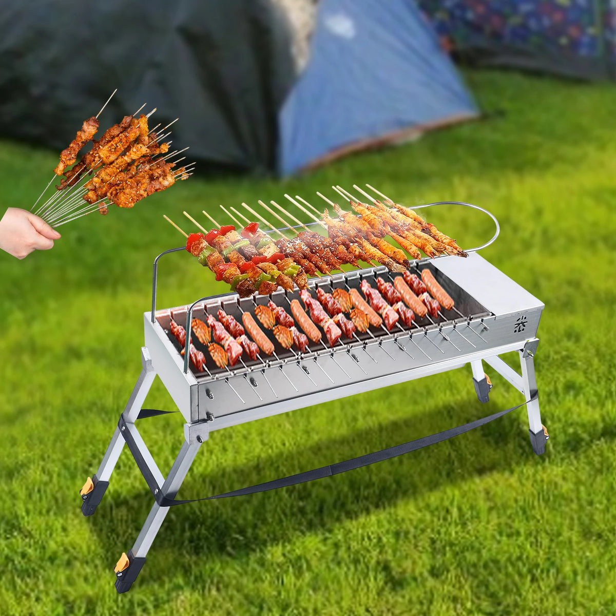 Automatic Rotating Stainless Steel Charcoal Grill for Camping and Picnics