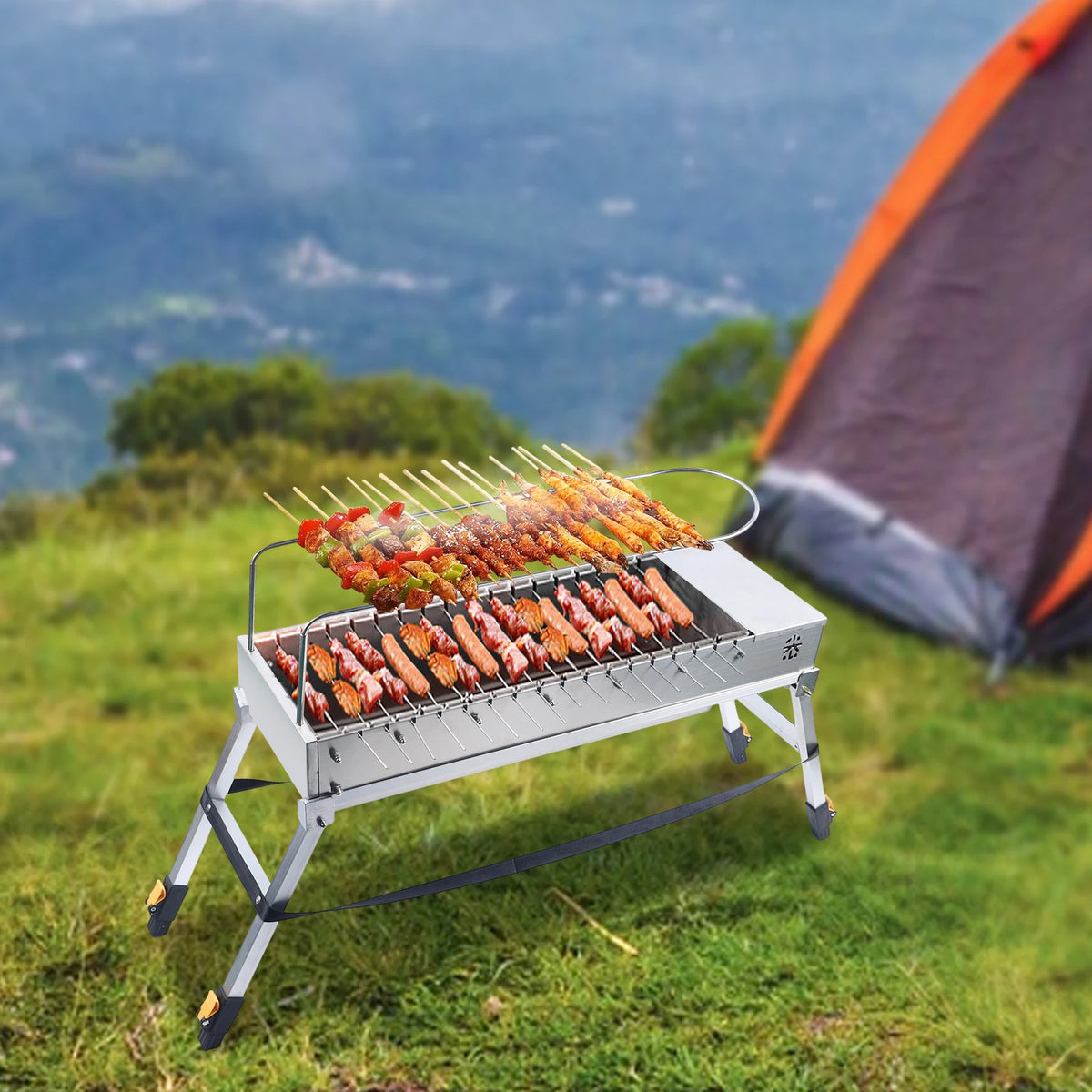 Automatic Rotating Stainless Steel Charcoal Grill for Camping and Picnics