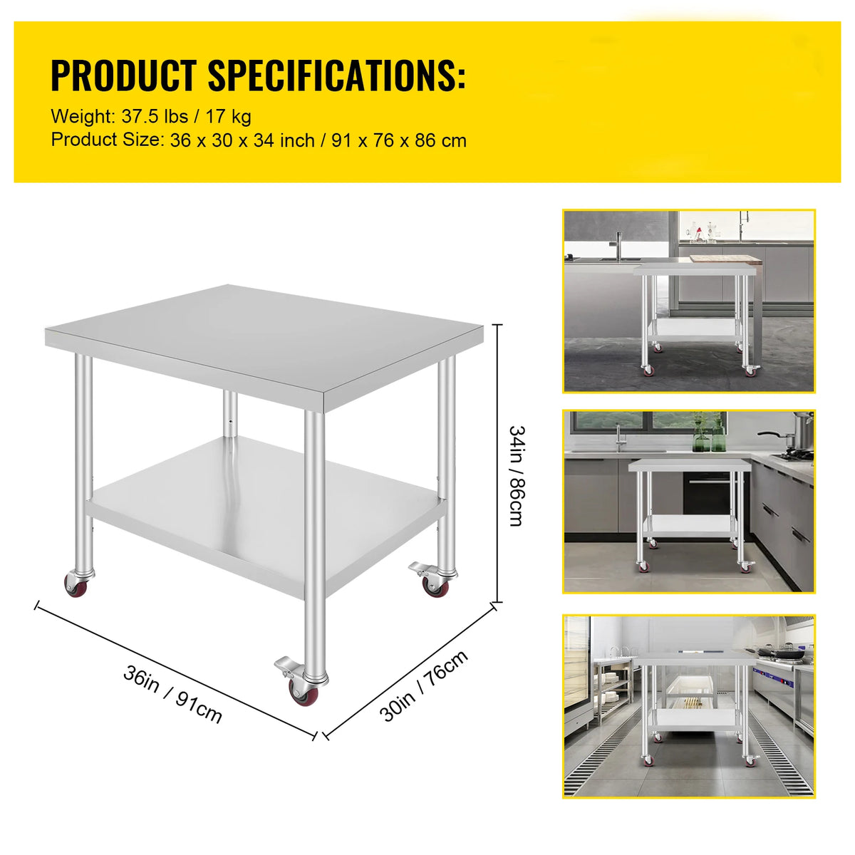 SucceBuy Stainless Steel Commercial Work Table With Caster Wheels
