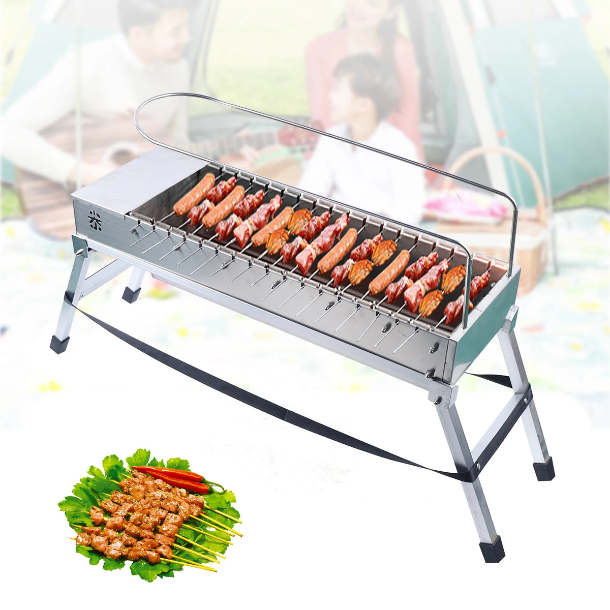 Automatic Rotating Stainless Steel Charcoal Grill for Camping and Picnics