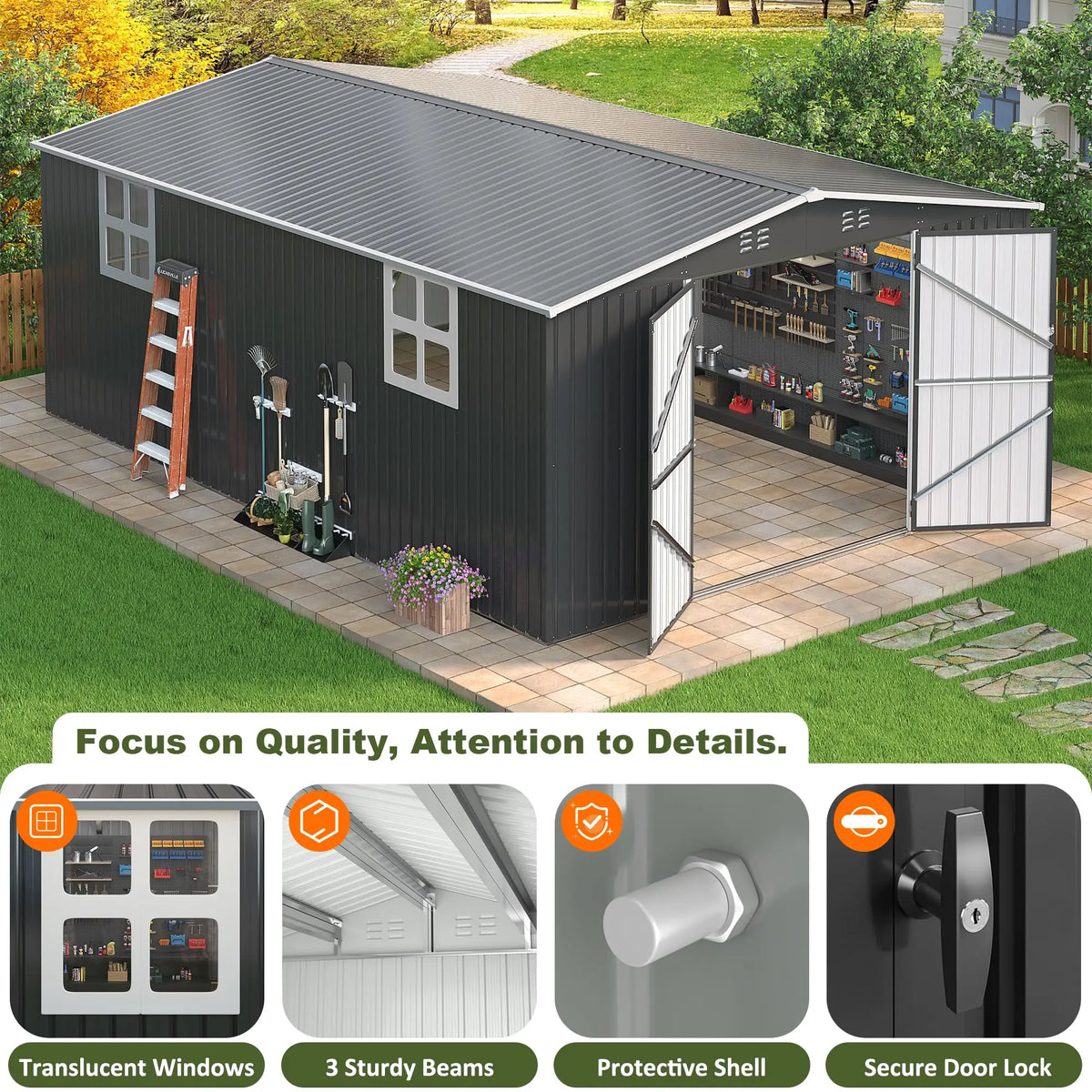 VIWAT Outdoor Metal Storage Shed With Lockable Door For Backyard