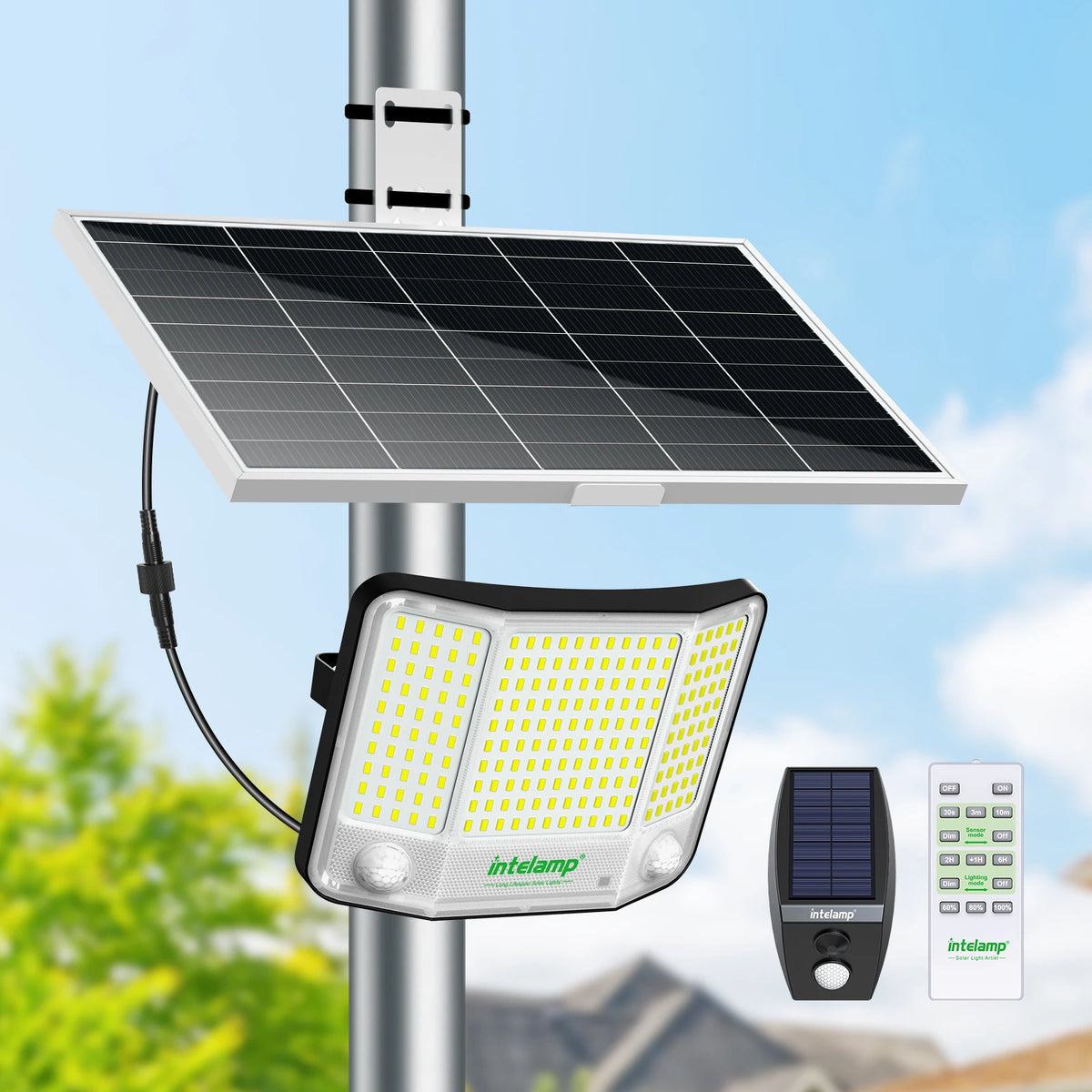 Intelamp Outdoor Solar Floodlight With Dual Sensors And Solar Panel