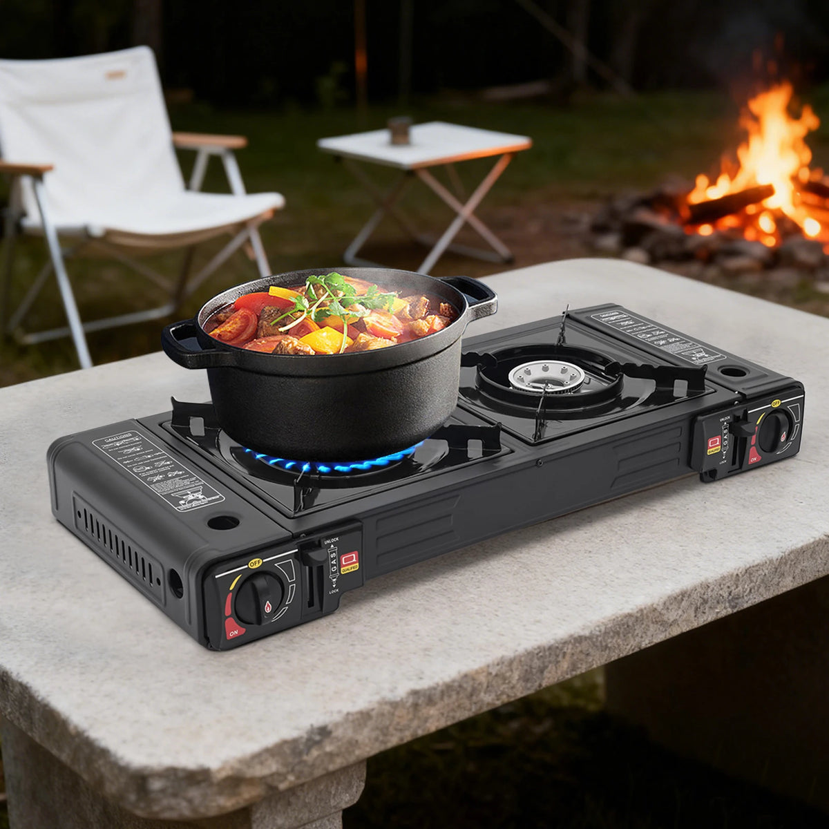 Portable Two Burner Camping Stove With Ignition And Storage Case