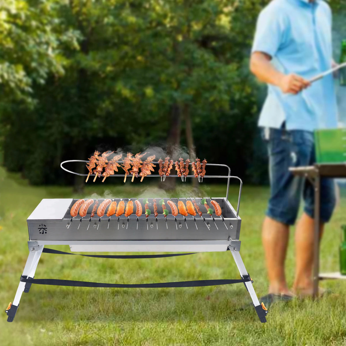 Automatic Rotating Stainless Steel Charcoal Grill for Camping and Picnics
