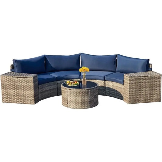Outdoor Wicker Patio Sectional Set With Storage Armrests And Glass Table