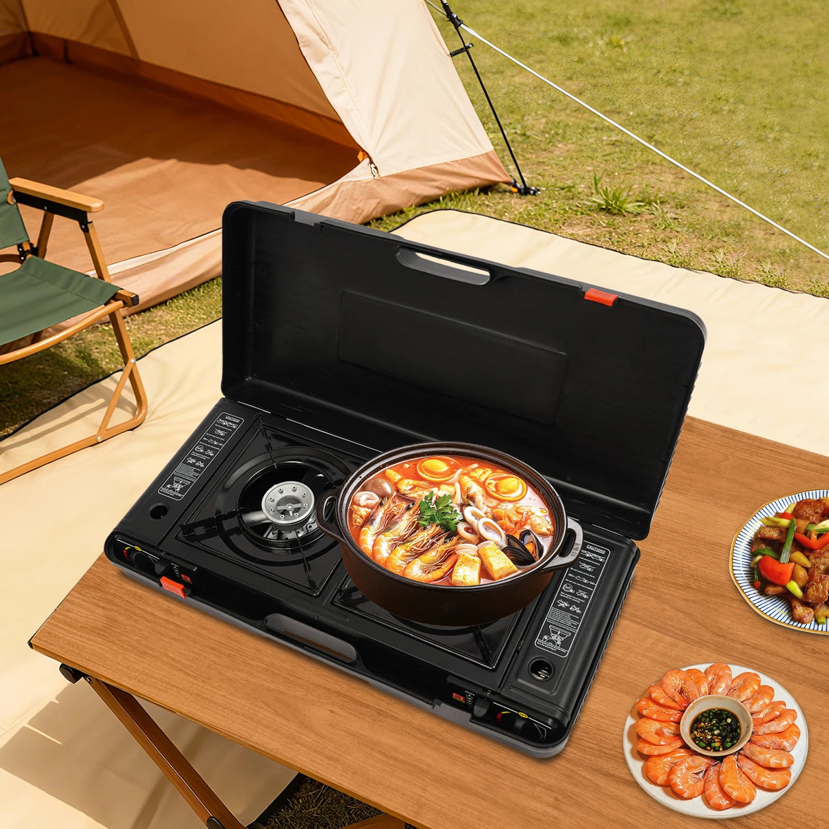 Portable Gas Camping Stove With Double Burners And Piezo Ignition