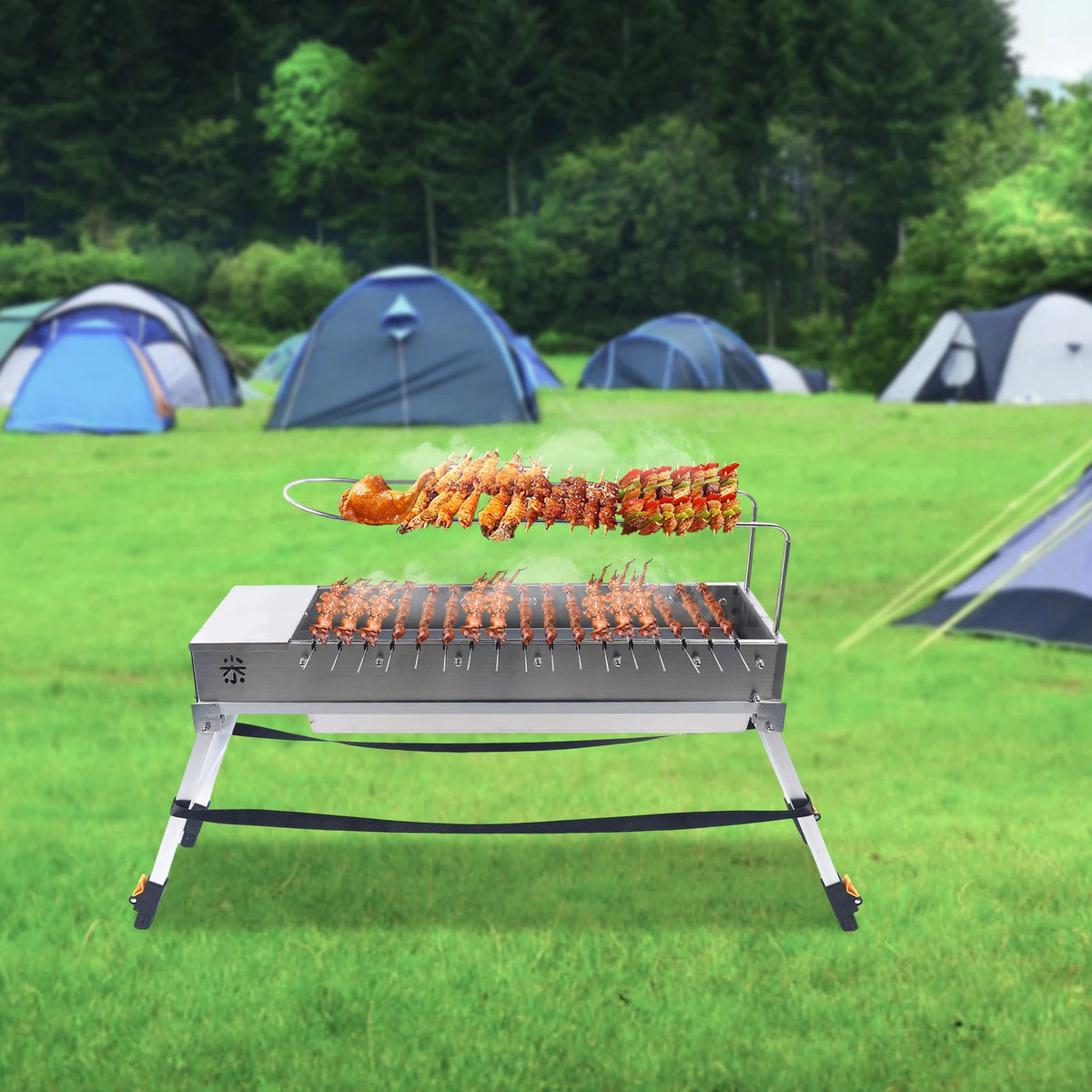 Automatic Rotating Stainless Steel Charcoal Grill for Camping and Picnics
