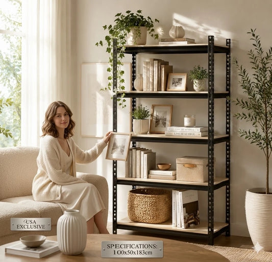 Five Tier Adjustable Metal Storage Rack With Wood Shelves