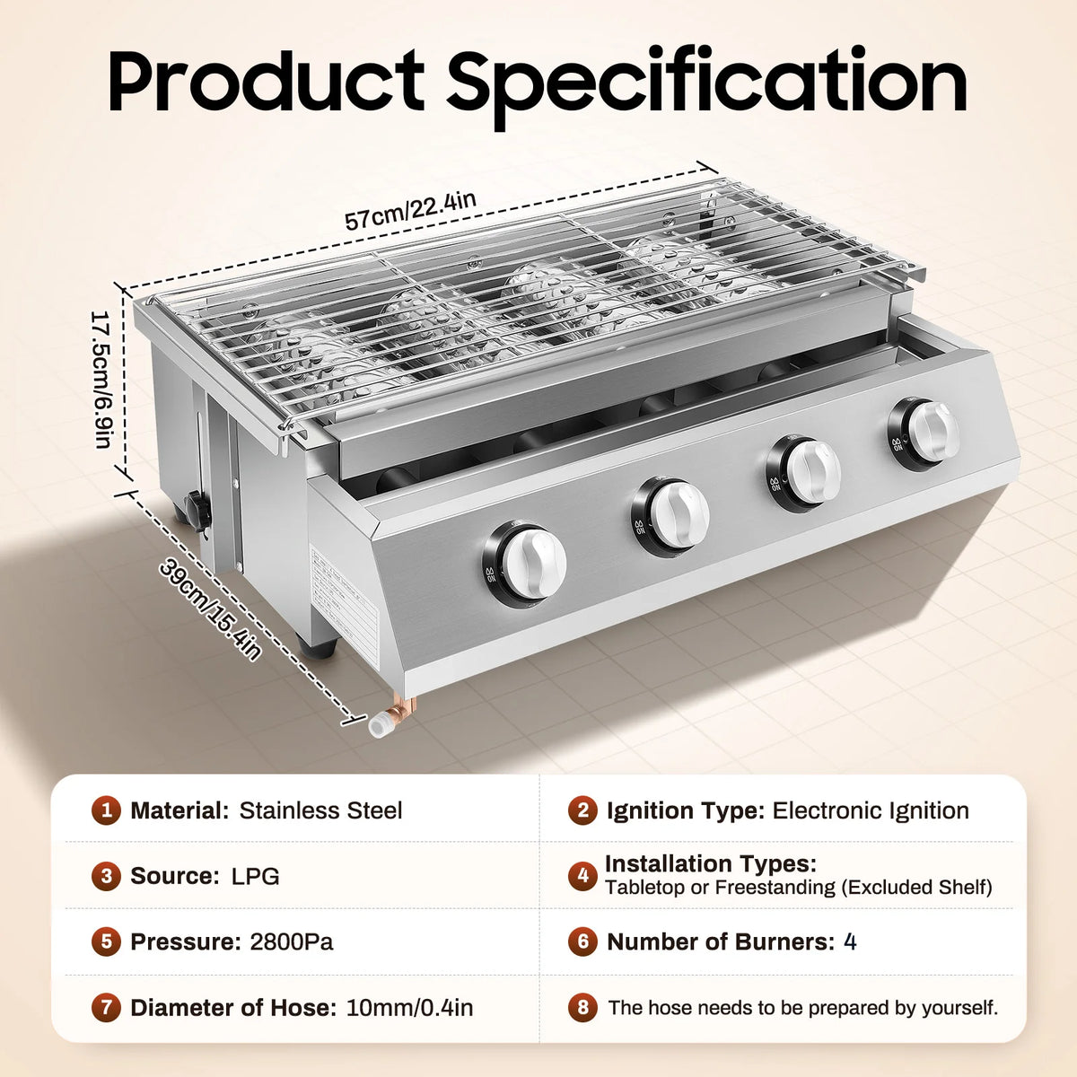 Portable Propane Gas Grill With Four Burners For Outdoor Cooking