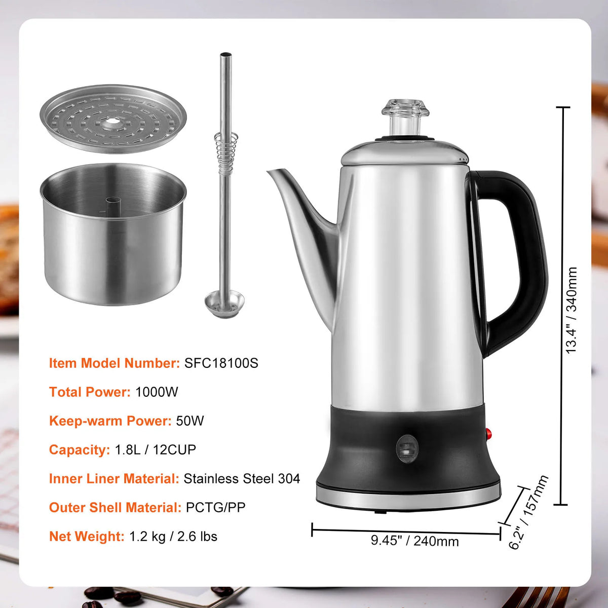 SucceBuy Stainless Steel Electric Percolator Coffee Pot With Keep Warm