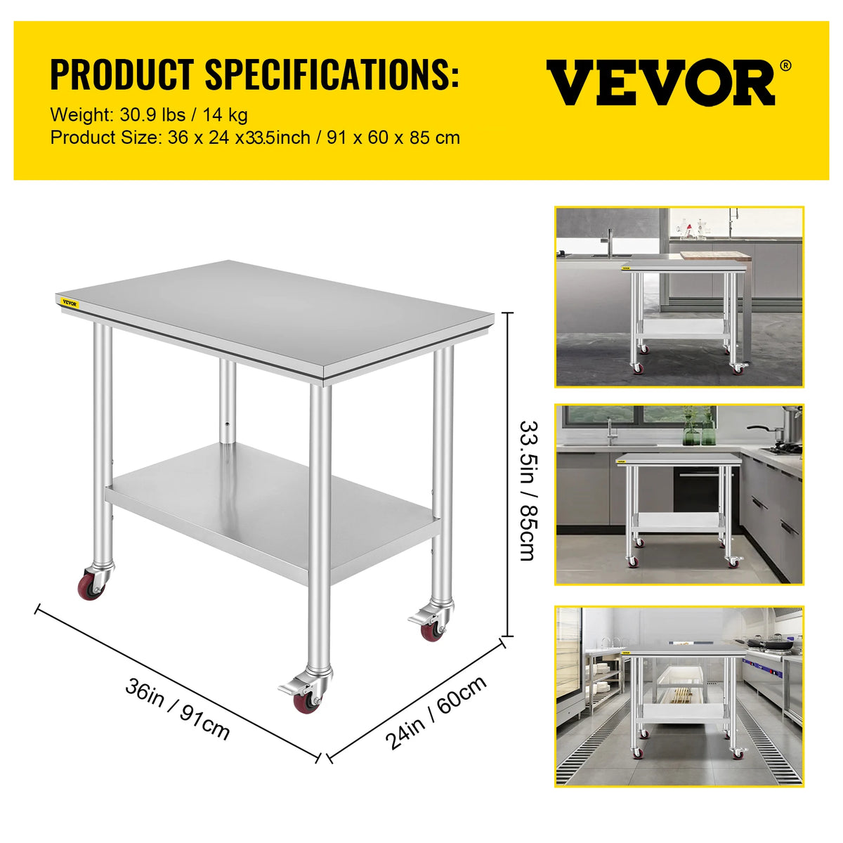 SucceBuy Stainless Steel Commercial Work Table With Caster Wheels