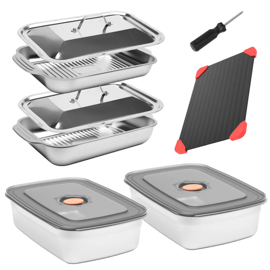 Stainless Steel Grill Tray Set With Lids And Cutting Board