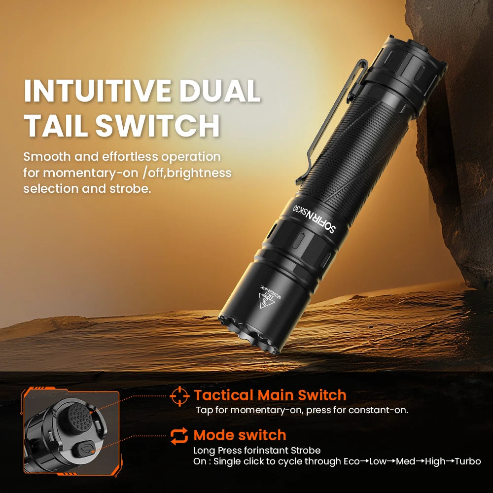 Sofirn SK30 Tactical Rechargeable LED Flashlight With Dual Tail Switches
