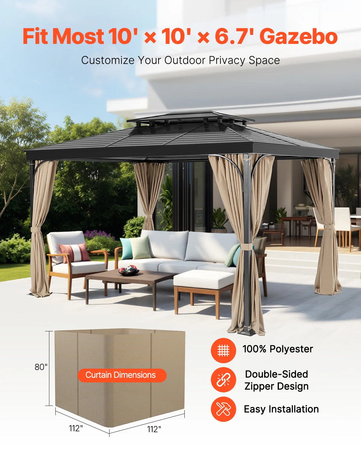 VEVOR Gazebo Privacy Curtains With Zippered Four Panel Sidewalls