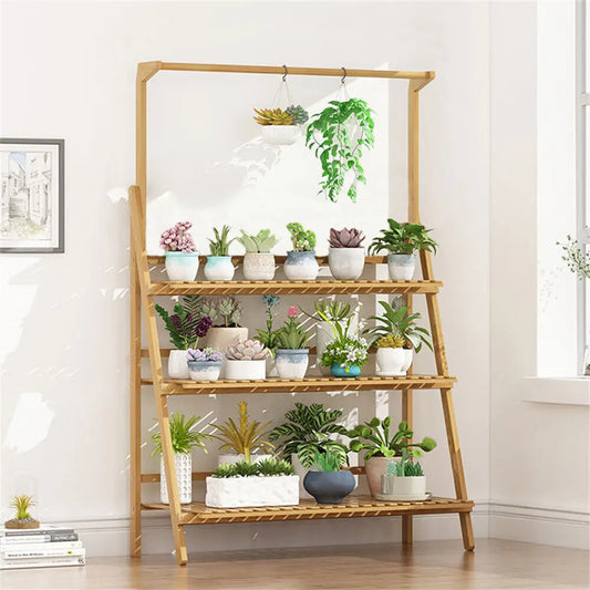 Folding Bamboo Plant Stand Shelf for Indoor Outdoor Greenhouse