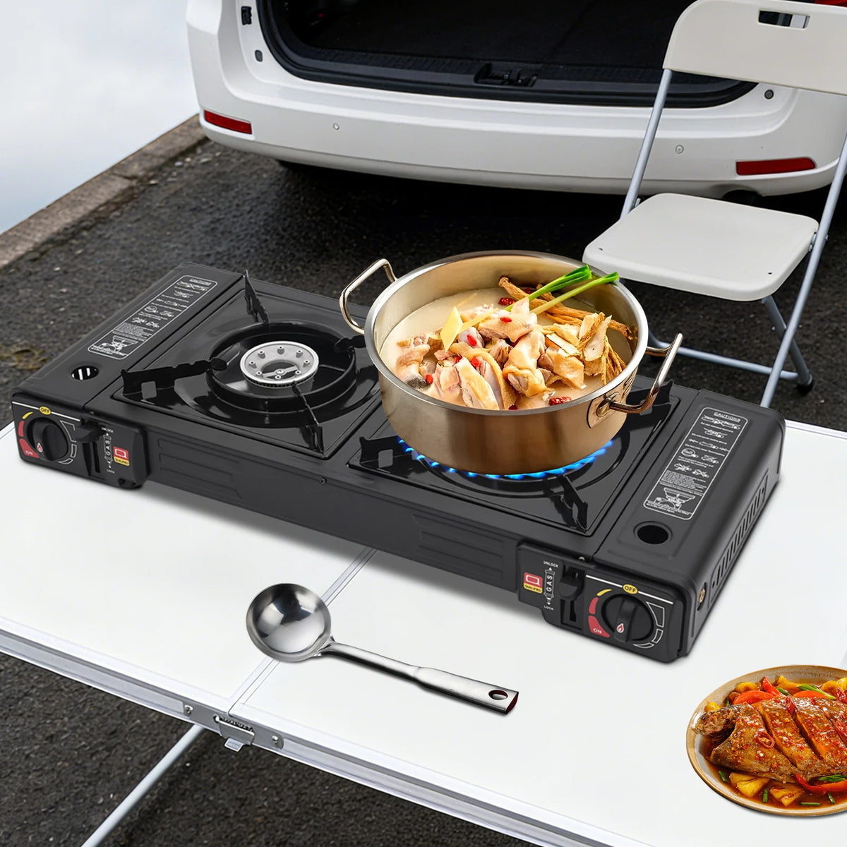 Portable Two Burner Camping Stove With Piezo Ignition And Case