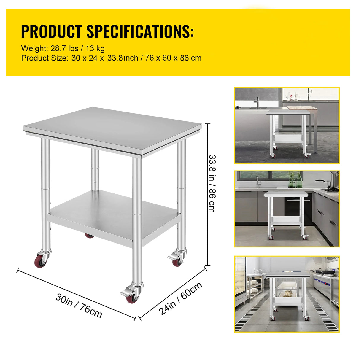 SucceBuy Stainless Steel Commercial Work Table With Caster Wheels