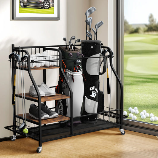 Rolling Golf Bag Storage Rack With Wheels And Shelves