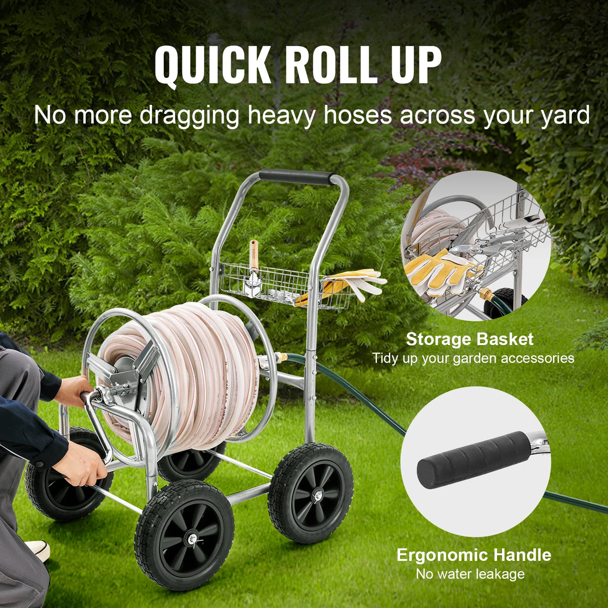SucceBuy Heavy Duty Garden Hose Reel Cart With Storage Basket