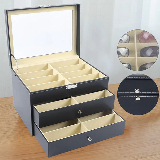 PU Leather Sunglasses Display Box With Glass Window Jewelry Organizer